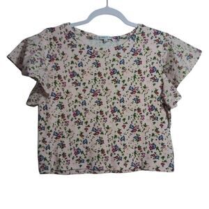 Celebrity Pink Floral Ruffle Short Sleeve Soft Girl Cottage Blouse Top Size L